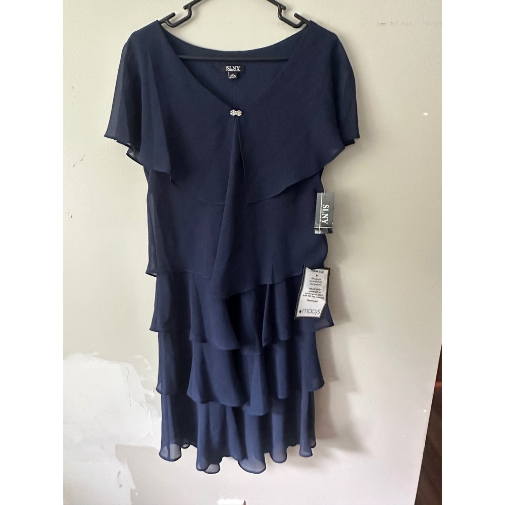 SLNY Women Navy Blue Tiered Ruffle Chiffon Capelet Dress 12 1175251